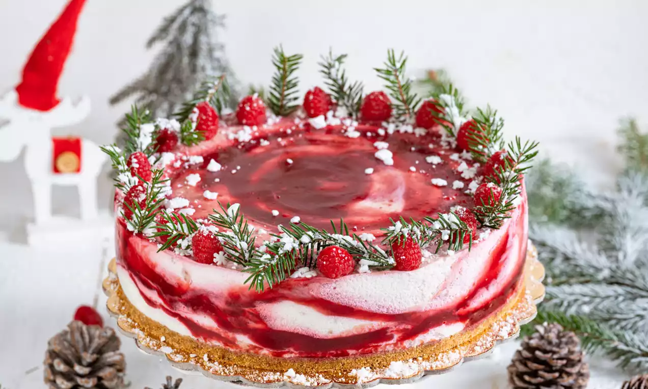 Božična jogurtova torta z rdečimi sadnimi vzorci, obrobljena z vejicami smrečja in malinami, na beli podlagi z naravnimi okraski